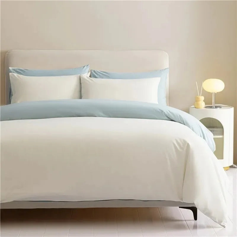 White Blue Premium Brushed Cotton Reversible Duvet Cover Zipper Bedding set