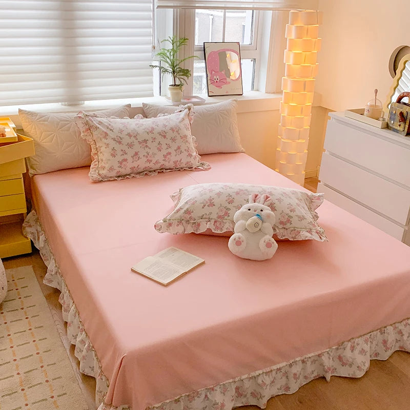 Pink Rose Korean Pastoral Floral Lace Ruffles Girl, 100% Cotton Bedding Set