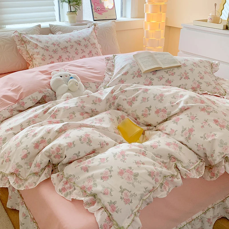 Pink Rose Korean Pastoral Floral Lace Ruffles Girl, 100% Cotton Bedding Set