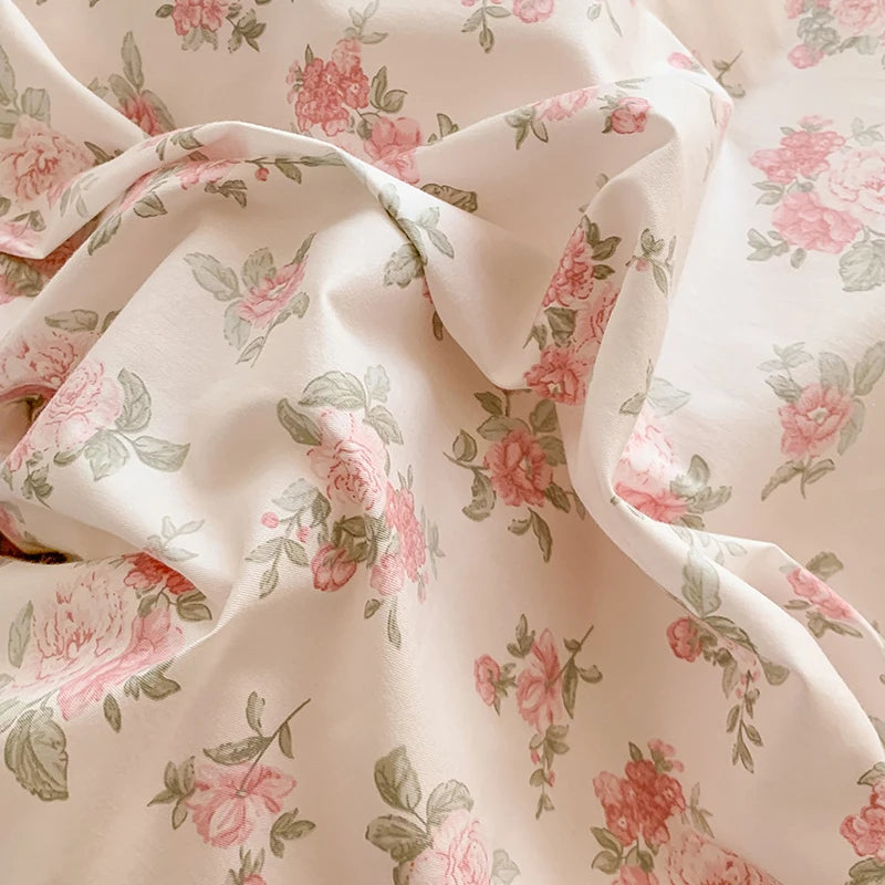 Pink Rose Korean Pastoral Floral Lace Ruffles Girl, 100% Cotton Bedding Set
