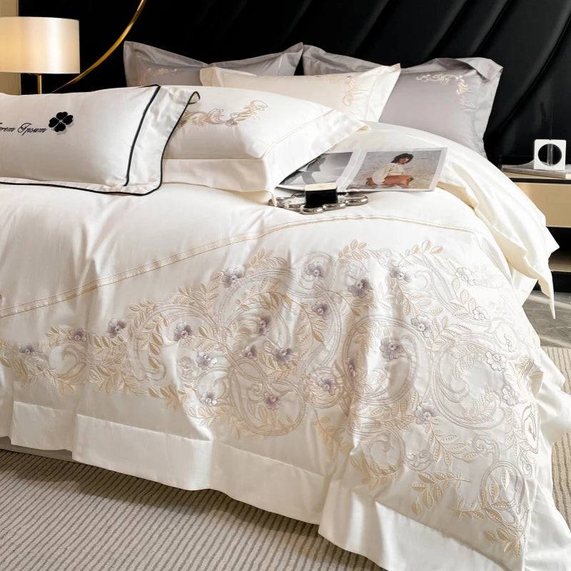 Chic White Grey Embroidery Wedding Bedding Collection - Premium Cotton Fabric