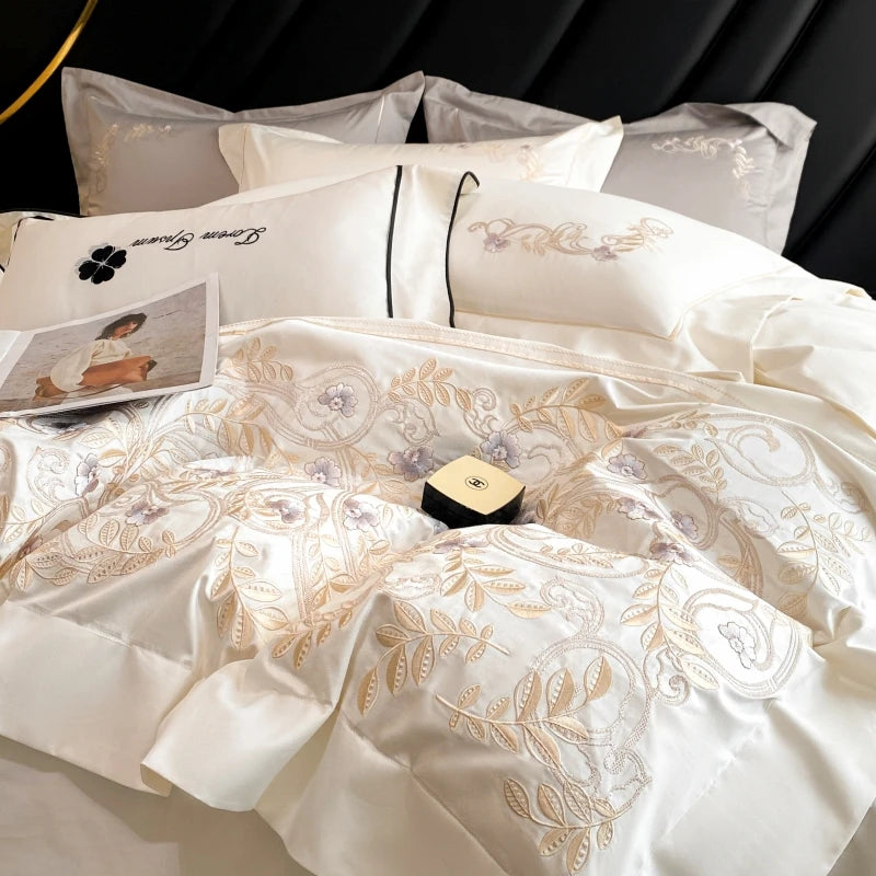 Chic White Grey Embroidery Wedding Bedding Collection - Premium Cotton Fabric