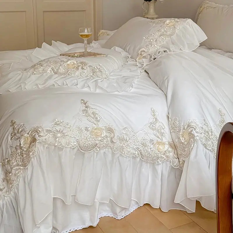 Vintage French White Rose Flowers Lace Embroidery Bed Skirt Wedding Bedding Set