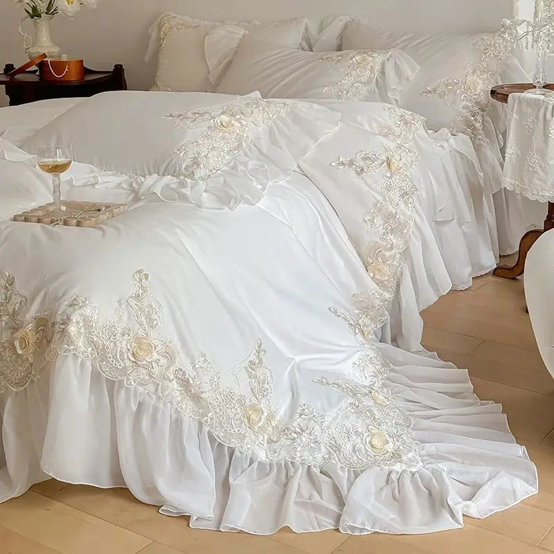 Vintage French White Rose Flowers Lace Embroidery Bed Skirt Wedding Bedding Set