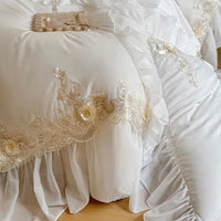 Thumbnail for Vintage French White Rose Flowers Lace Embroidery Bed Skirt Wedding Bedding Set