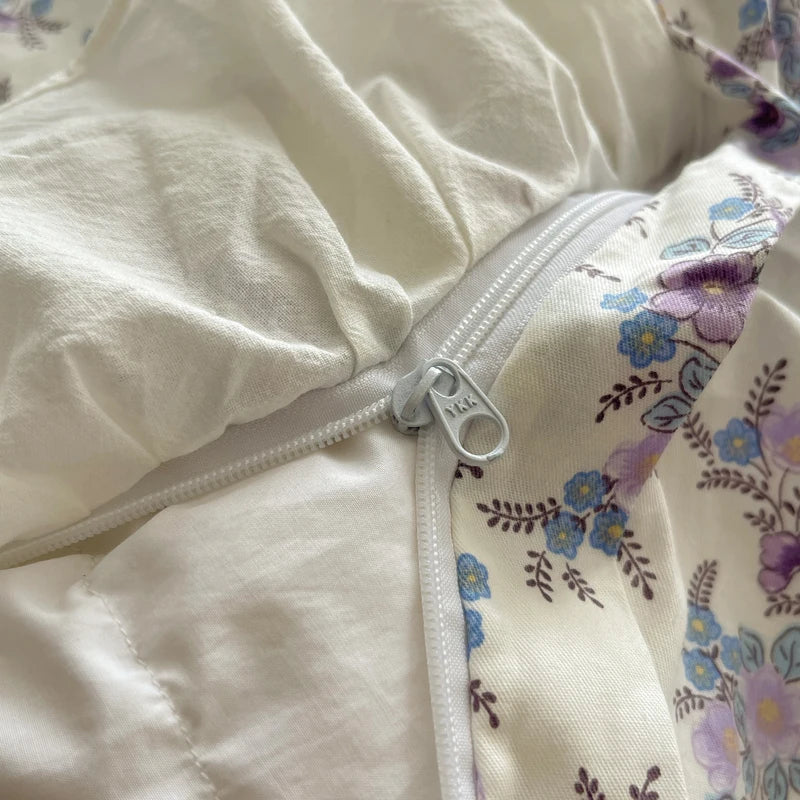 Purple Vintage 100% Cotton Flower Korean Princess Duvet Cover Bedding Set