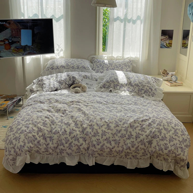 Purple Vintage 100% Cotton Flower Korean Princess Duvet Cover Bedding Set
