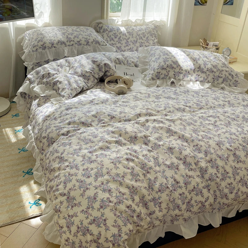 Purple Vintage 100% Cotton Flower Korean Princess Duvet Cover Bedding Set