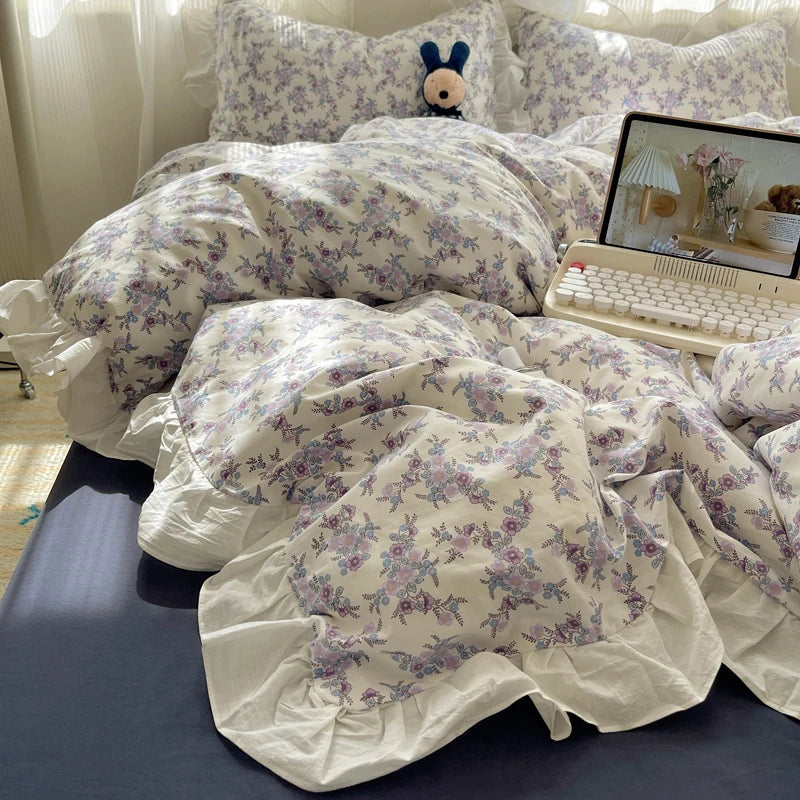 Purple Vintage 100% Cotton Flower Korean Princess Duvet Cover Bedding Set