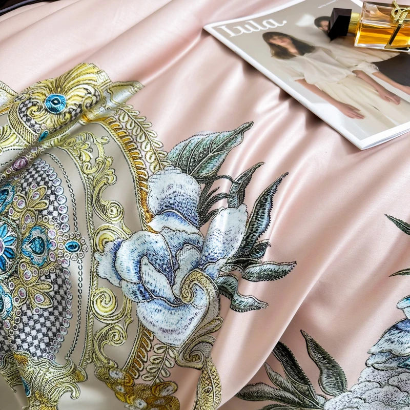 Pink Baroque European Flower Embroidered 1400TC Egyptian Cotton Bedding Set