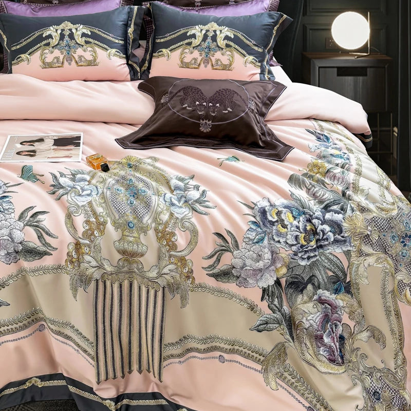 Pink Baroque European Flower Embroidered 1400TC Egyptian Cotton Bedding Set