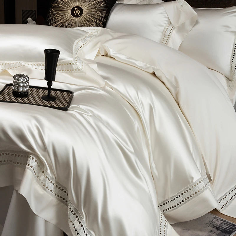 Modern White 1000TC Egyptian Cotton Bedding Set Ensemble with Lace Details