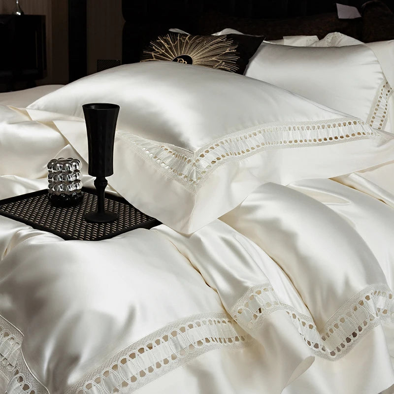 Modern White 1000TC Egyptian Cotton Bedding Set Ensemble with Lace Details