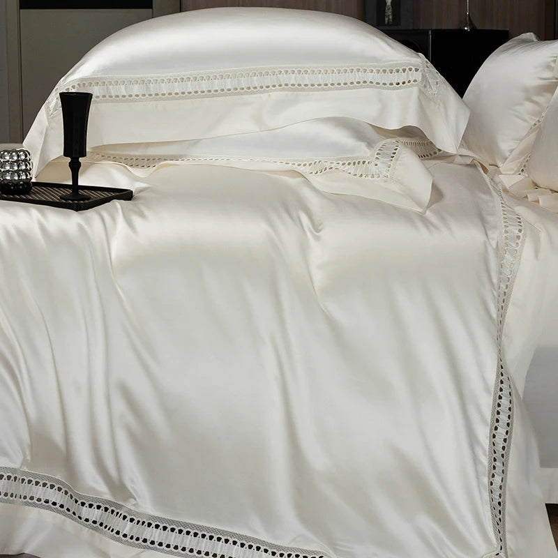 Modern White 1000TC Egyptian Cotton Bedding Set Ensemble with Lace Details