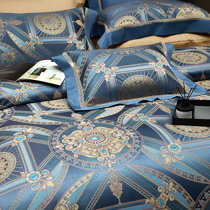 Luxury Blue Gold Baroque Geometric Print 1000TC Egyptian Cotton Bedding Set