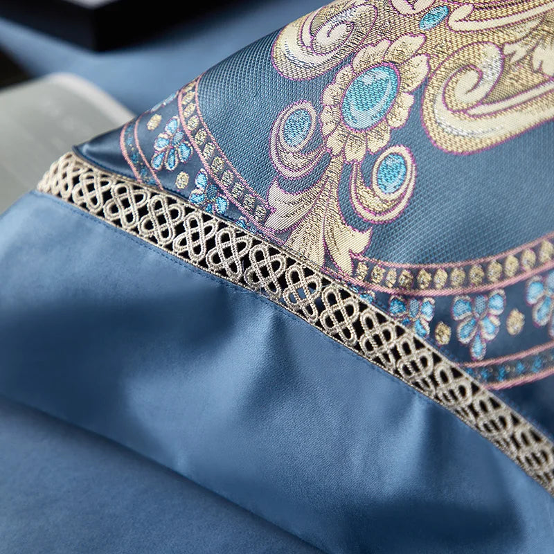 Luxury Blue Gold Baroque Geometric Print 1000TC Egyptian Cotton Bedding Set