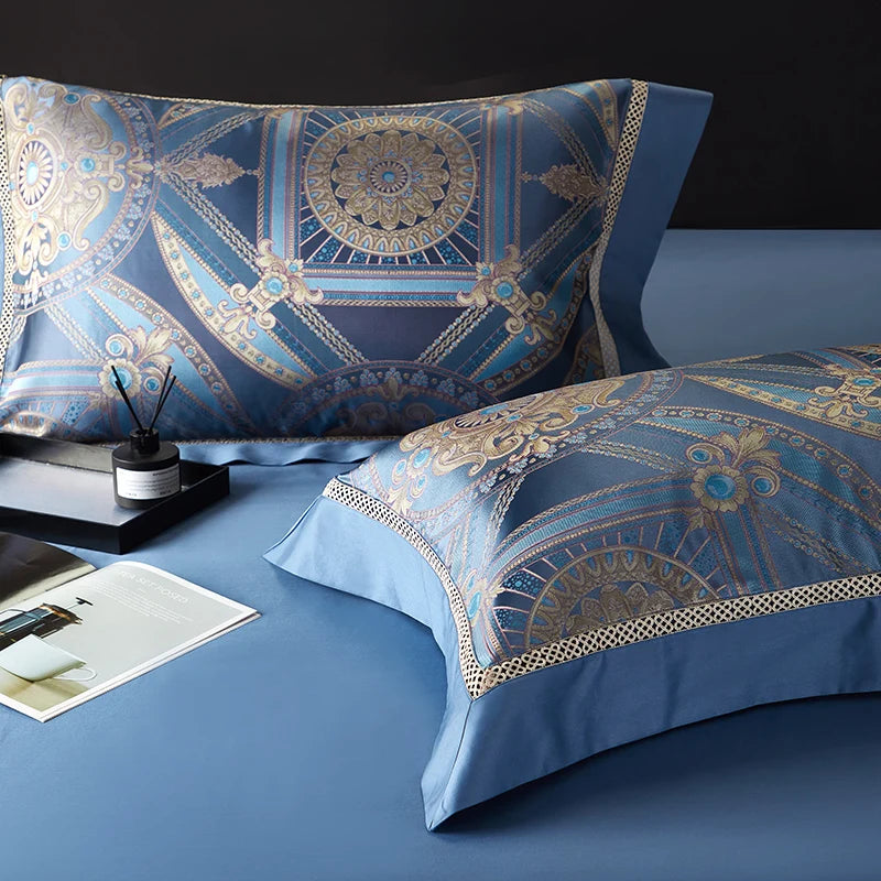 Luxury Blue Gold Baroque Geometric Print 1000TC Egyptian Cotton Bedding Set