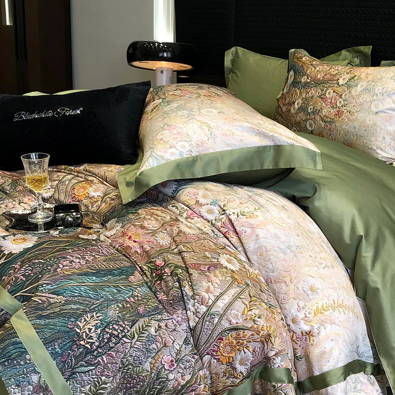 Luxury Flowers Digital Printing Art Duvet Cover, 1000TC Egyptian Cotton Bedding Set