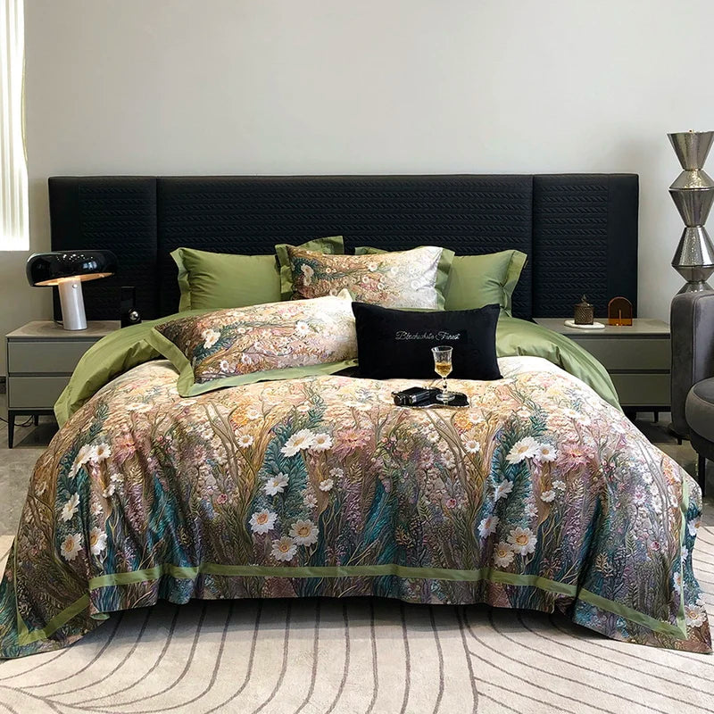 Luxury Flowers Digital Printing Art Duvet Cover, 1000TC Egyptian Cotton Bedding Set