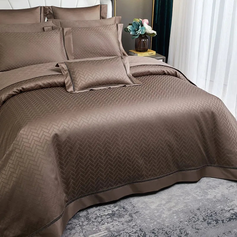 Black Brown Egyptian Cotton 1000TC Soft Silky Jacquard Wave Bedding Set