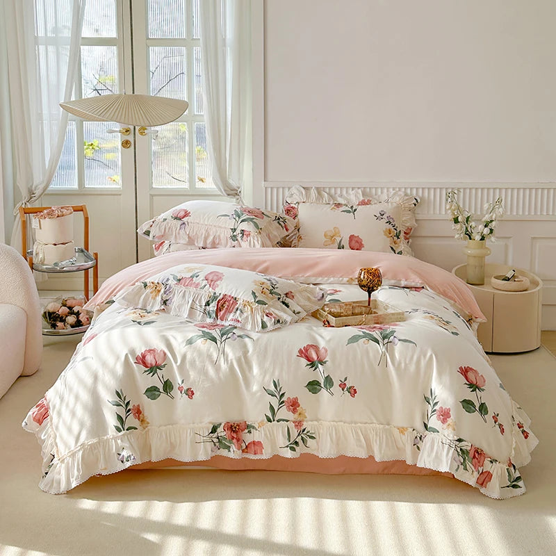 French Vintage Flowers Print Lace Ruffles 100% Cotton Bedding Set