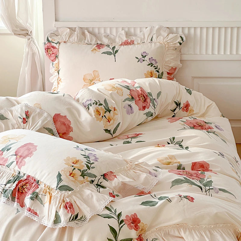 French Vintage Flowers Print Lace Ruffles 100% Cotton Bedding Set