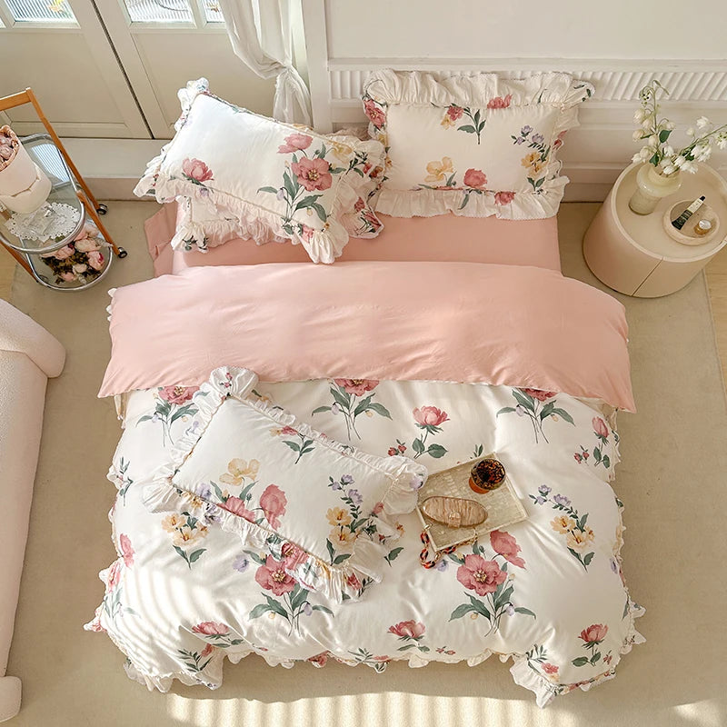 French Vintage Flowers Print Lace Ruffles 100% Cotton Bedding Set