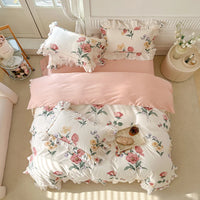 Thumbnail for French Vintage Flowers Print Lace Ruffles 100% Cotton Bedding Set