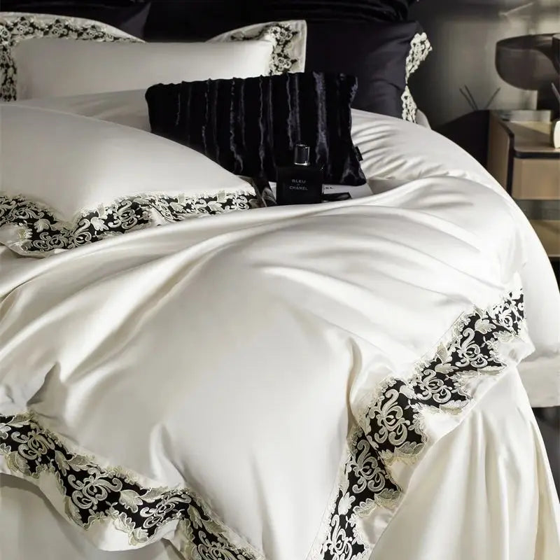 Black White Baroque 1200TC Lyocell Cotton Luxury Embroidery Duvet Cover Bedding Set