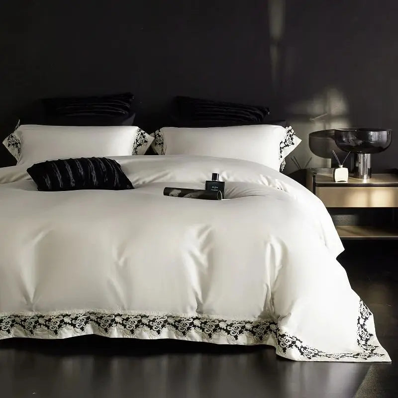 Black White Baroque 1200TC Lyocell Cotton Luxury Embroidery Duvet Cover Bedding Set