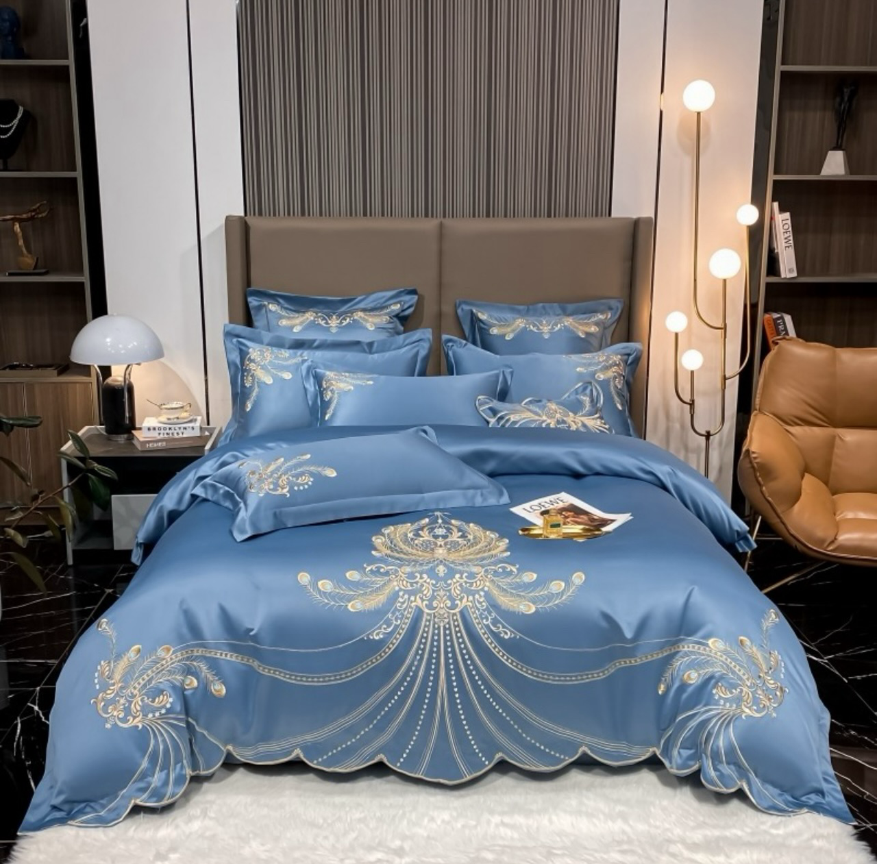 Blue White European High Life Embroidered Duvet Cover Set, 600TC Washed Cotton Bedding Set