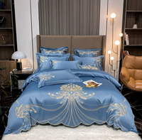 Thumbnail for Blue White European High Life Embroidered Duvet Cover Set, 600TC Washed Cotton Bedding Set