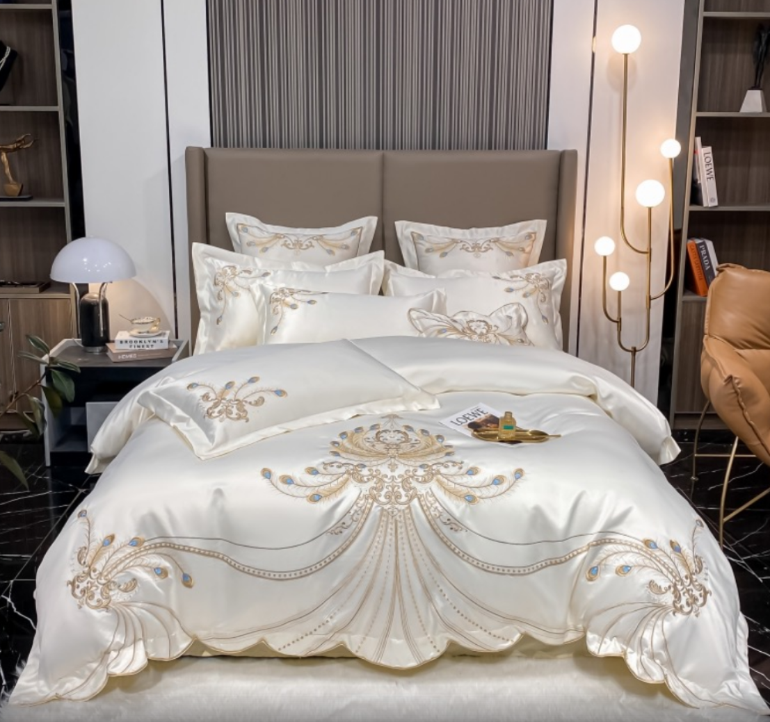 Luxury White Gold Feather Peacock Soft Silky Embroidered Duvet Cover Set, 600TC Satin Silk Cotton Bedding Set