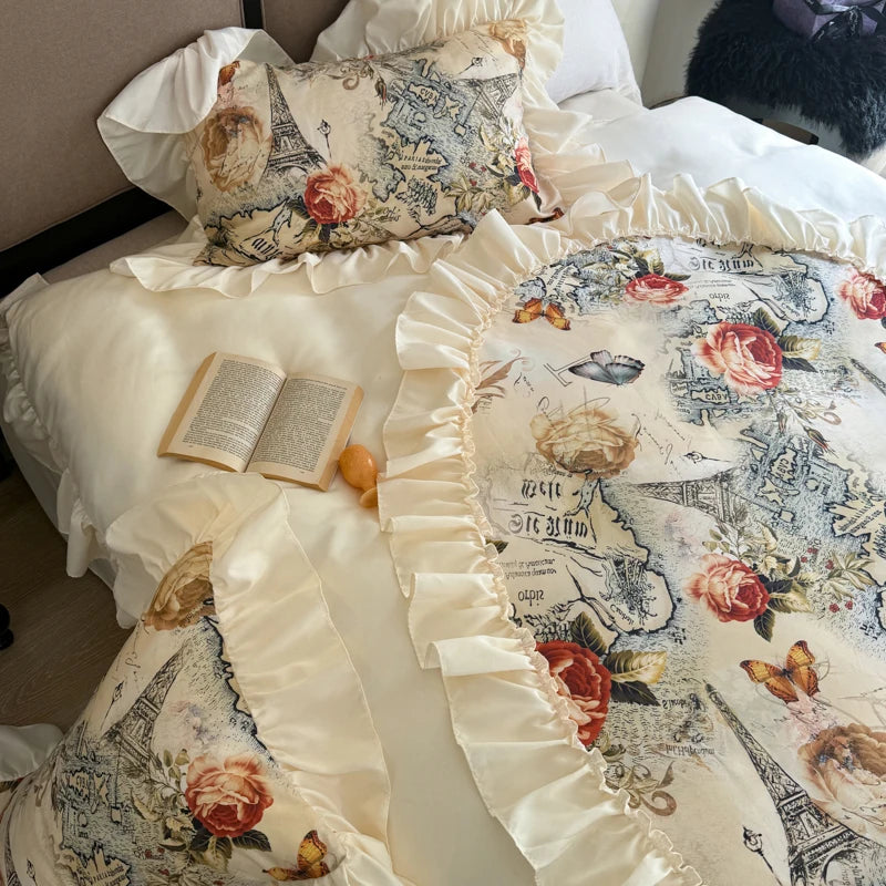 Retro Rose Korean Lace Ruffles Duvet Cover Set, Microfiber Fabric Bedding Set