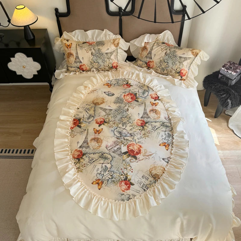 Retro Rose Korean Lace Ruffles Duvet Cover Set, Microfiber Fabric Bedding Set