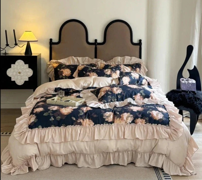 Vintage Rose Flowers Print Ruffles Duvet Cover Bedding Set