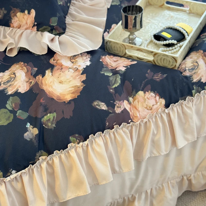 Vintage Rose Flowers Print Ruffles Duvet Cover Bedding Set