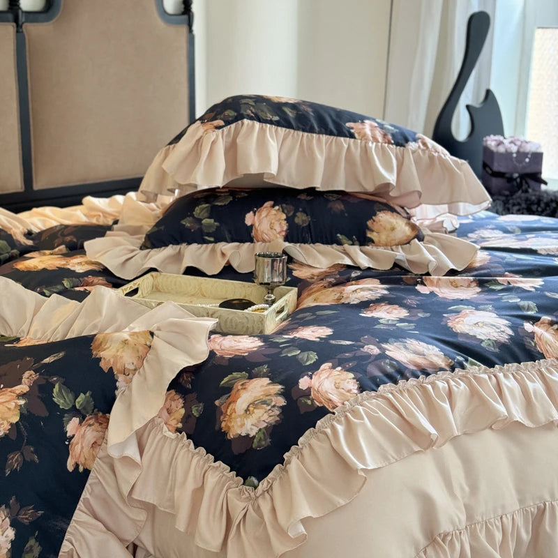 Vintage Rose Flowers Print Ruffles Duvet Cover Bedding Set