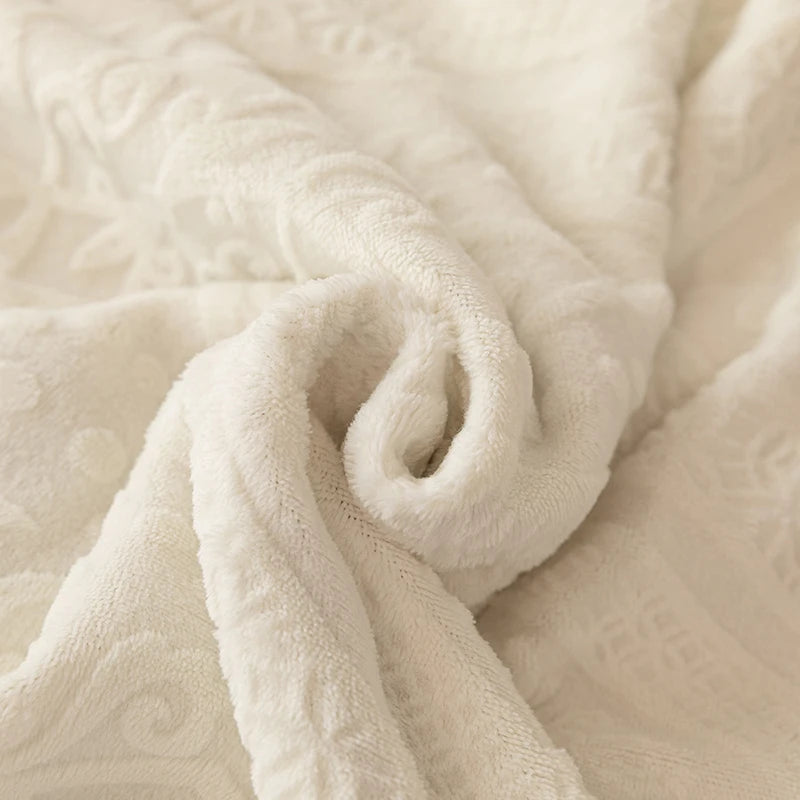 Blue Cream Thickened Winter Warm Carved Velvet Bedding Set