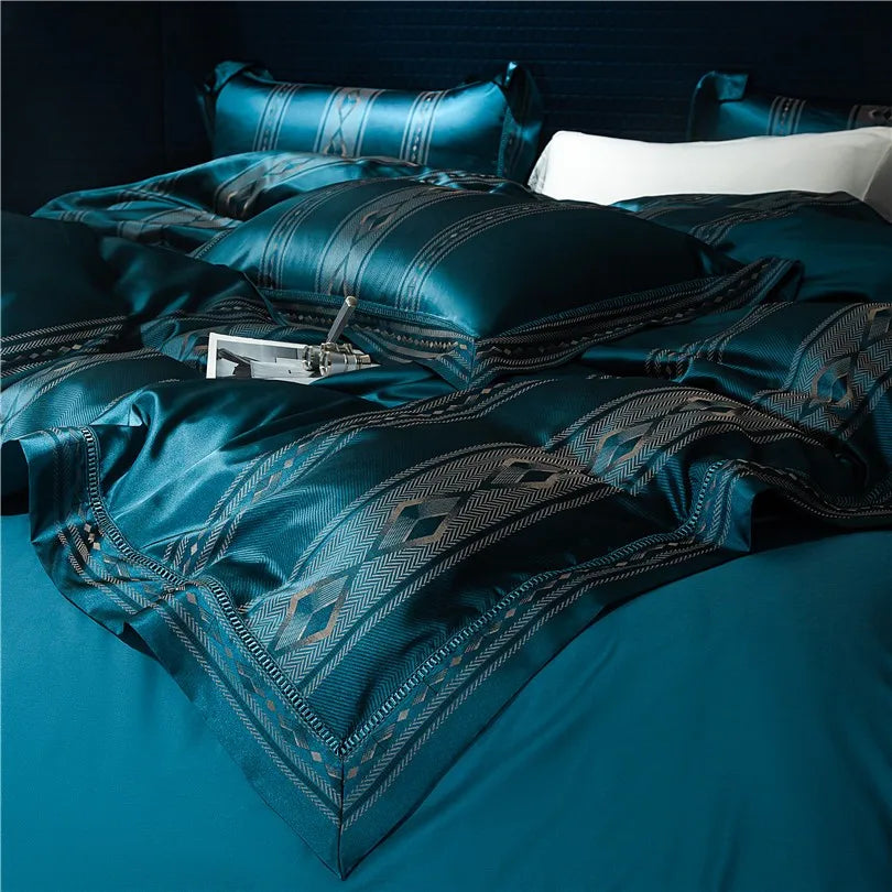 European Peacock Blue Gray Luxury Jacquard Egyptian cotton 1000TC Bedding Set