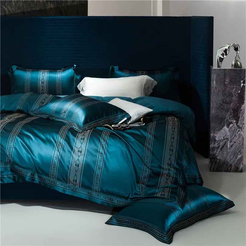 European Peacock Blue Gray Luxury Jacquard Egyptian cotton 1000TC Bedding Set