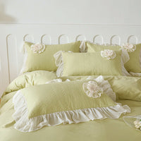 Thumbnail for Romantic Pink Floral Pure Cotton Korean Princess Bedding Set - Soft and Elegant Design