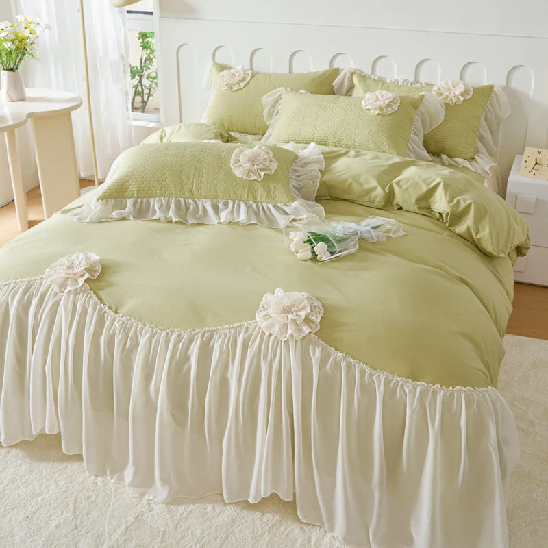 Romantic Pink Floral Pure Cotton Korean Princess Bedding Set - Soft and Elegant Design