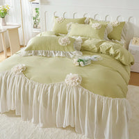 Thumbnail for Romantic Pink Floral Pure Cotton Korean Princess Bedding Set - Soft and Elegant Design