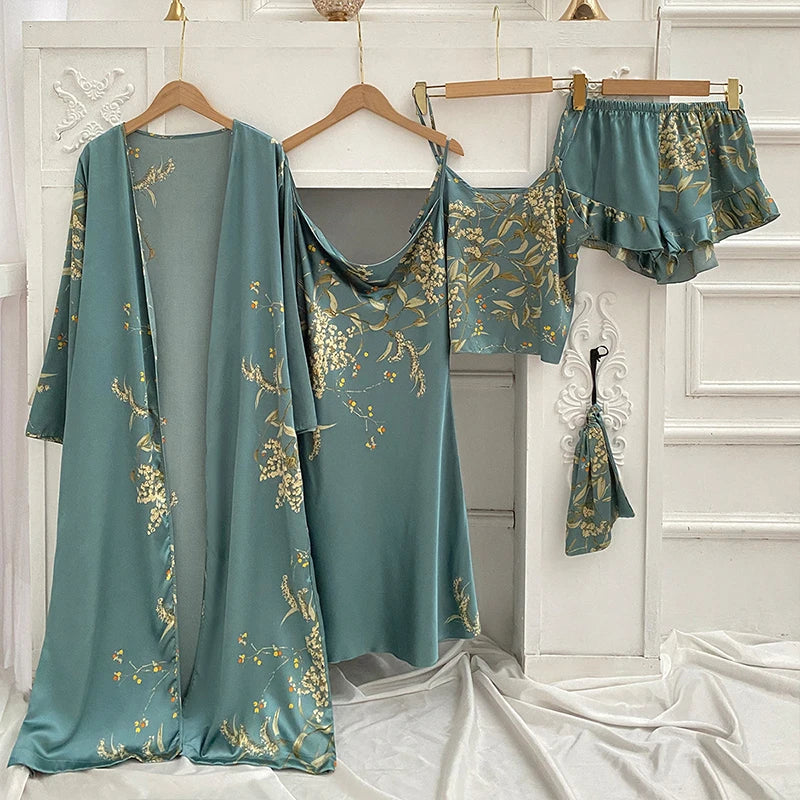 Floral Nature Silk Robe Sleep Suit Lace Satin Pajamas V-Neck Nightwear Sleepwear