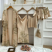 Thumbnail for Floral Nature Silk Robe Sleep Suit Lace Satin Pajamas V-Neck Nightwear Sleepwear