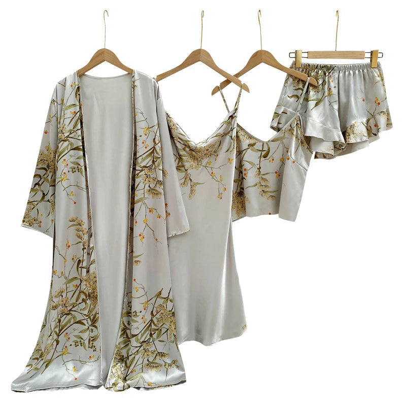 Floral Nature Silk Robe Sleep Suit Lace Satin Pajamas V-Neck Nightwear Sleepwear