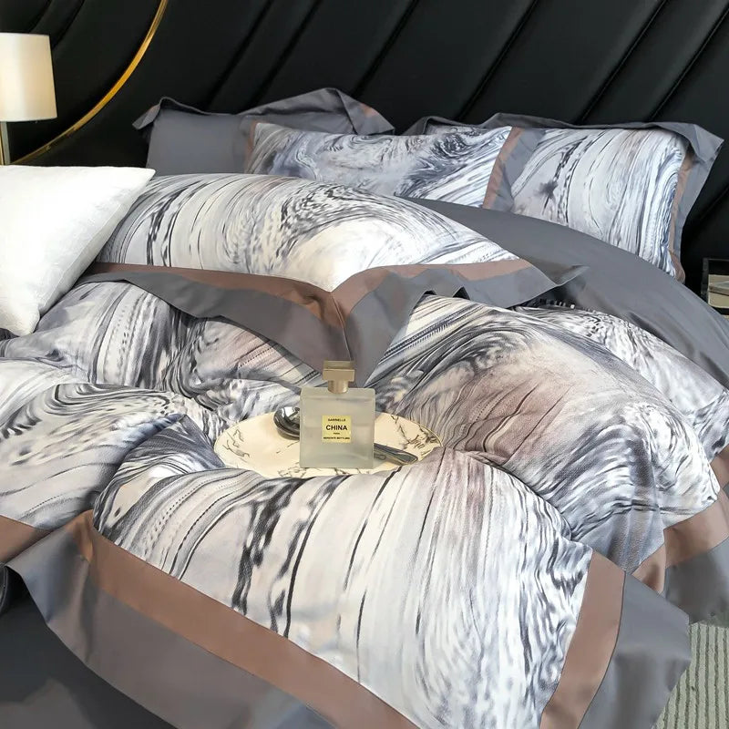 White Grey Premium Marble Pattern 1000TC Cotton Bedding Set