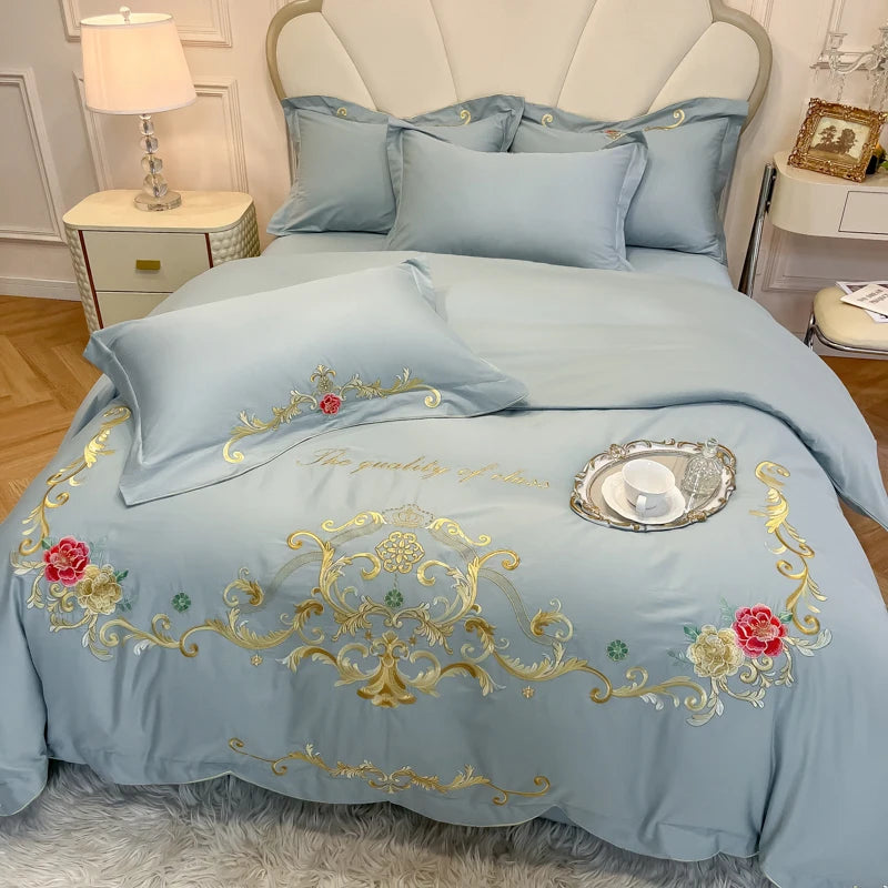 Gold Red Rose Flowers Embroidery Luxury Duvet Cover, Cotton Bedding Set