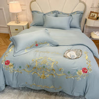 Thumbnail for Gold Red Rose Flowers Embroidery Luxury Duvet Cover, Cotton Bedding Set